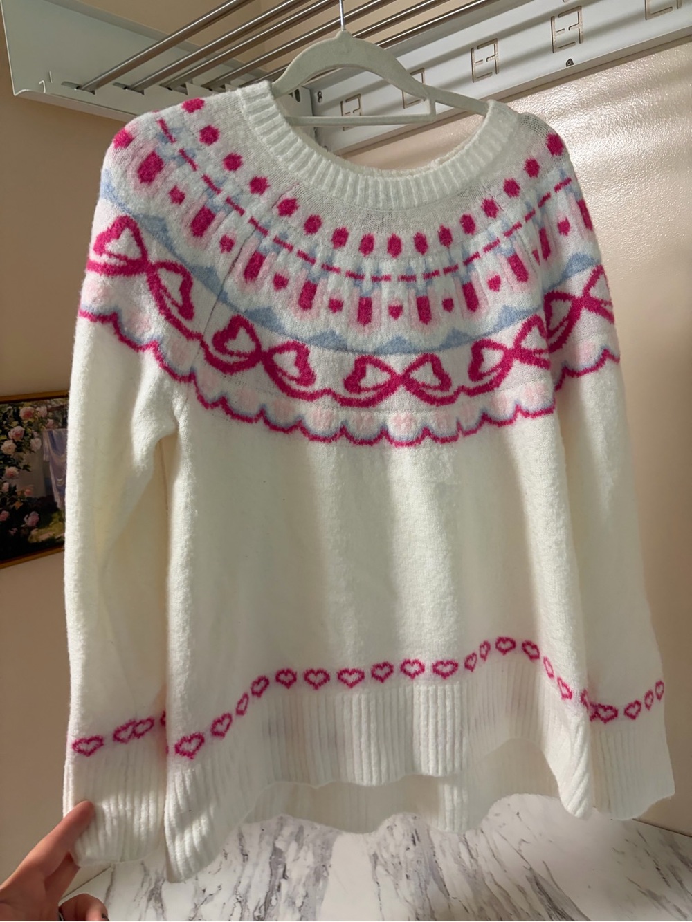 Vince Camuto Ivory Pink Fair Isle Heart Bow Sweater XL Coquette Knit
